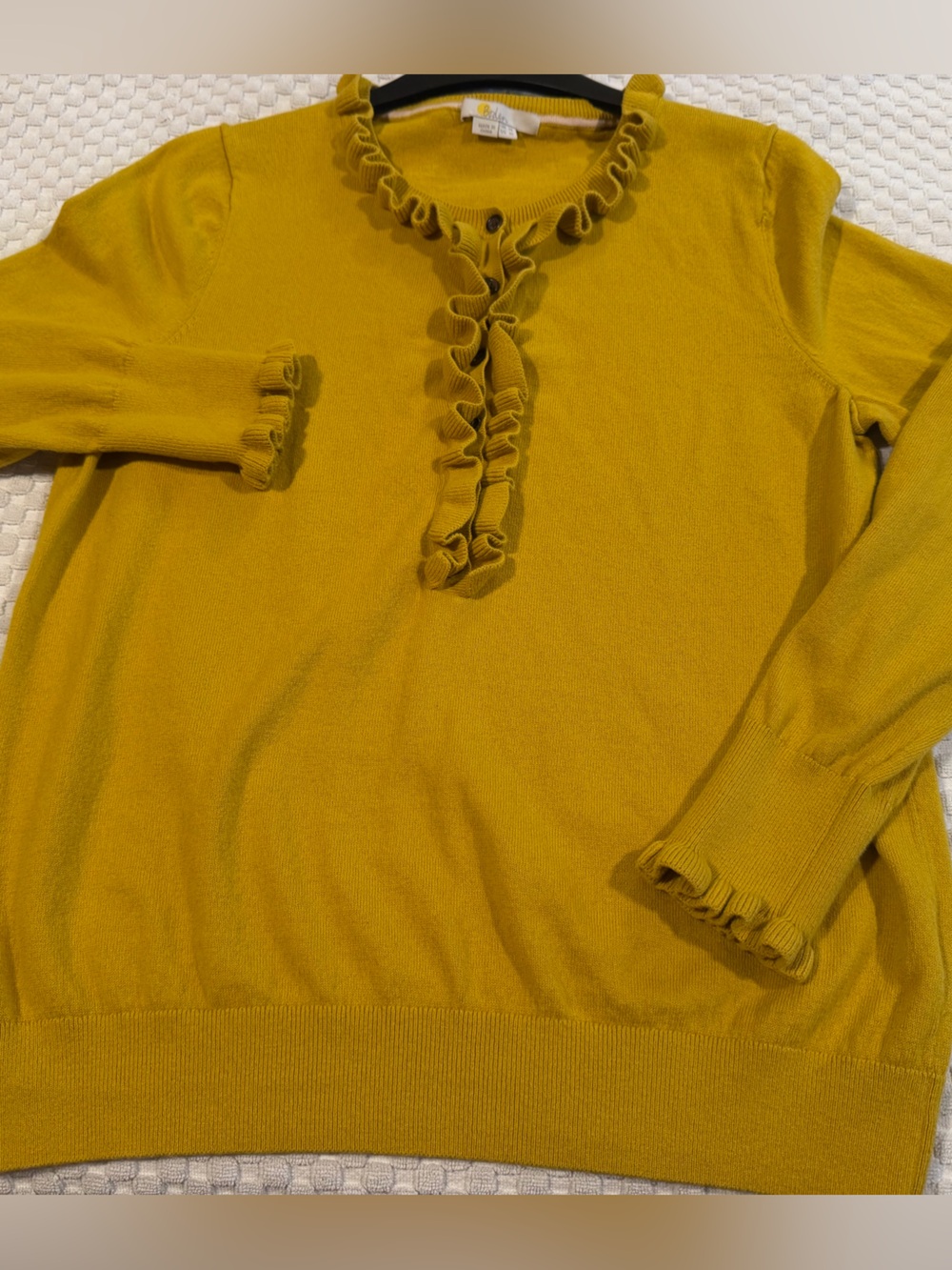 Boden Ruffle Button Up Long Sleeve Sweater - Mustard Yellow, Size 10.